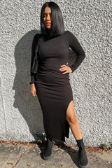 Black Ribbed Mock Neck Side Slit Maxi Dress