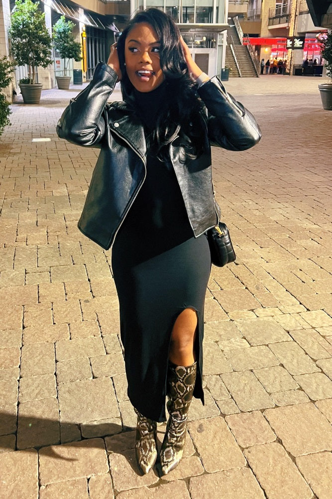 Black Ribbed Mock Neck Side Slit Maxi Dress