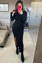 Black Ribbed Mock Neck Side Slit Maxi Dress