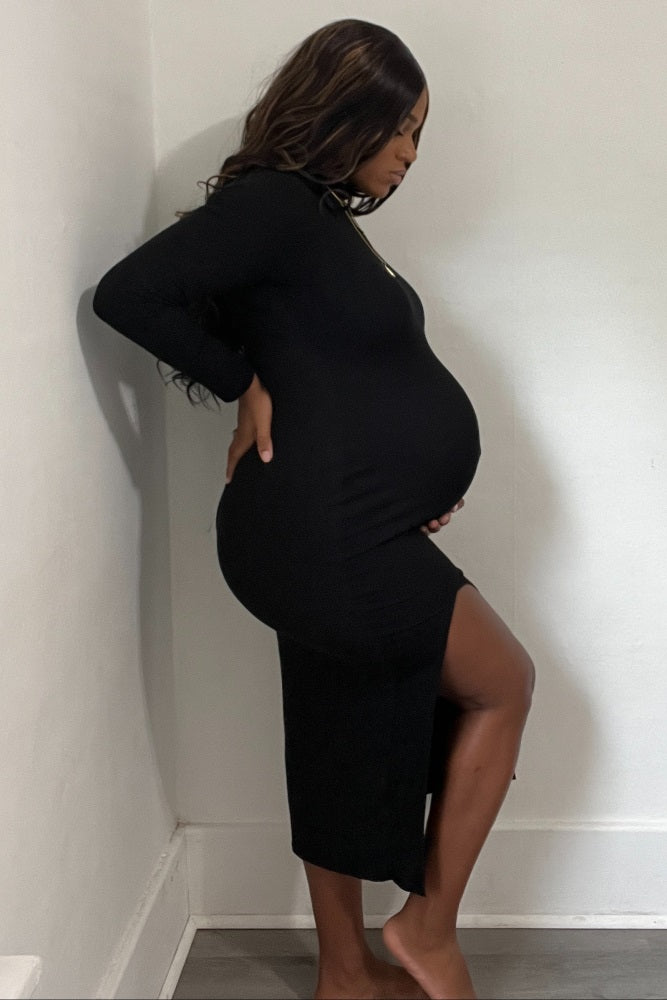 Black Ribbed Mock Neck Side Slit Maternity Maxi Dress