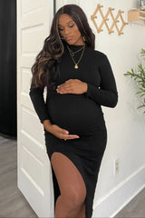 Black Ribbed Mock Neck Side Slit Maternity Maxi Dress