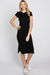 Black Brushed Ribbed Midi Dress