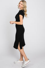 Black Brushed Ribbed Midi Dress