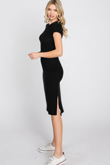 Black Brushed Ribbed Midi Dress