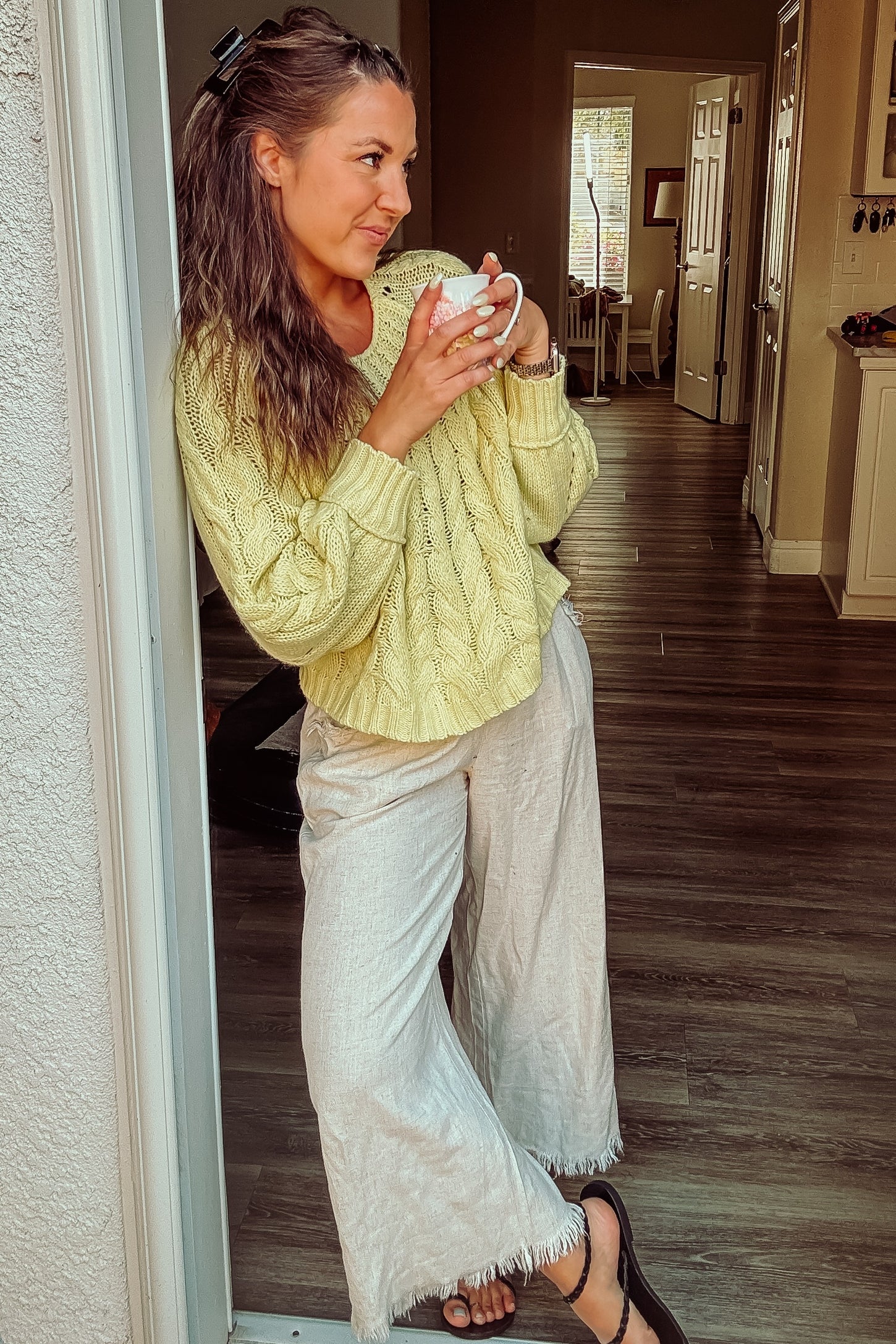 Cream Linen Frayed Hem Crop Pants