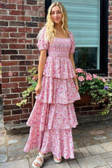 Pink Floral Square Neck Ruffle Layered Maternity Maxi Dress
