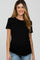 woman wearing a black short sleeve maternity top and showing her baby bump