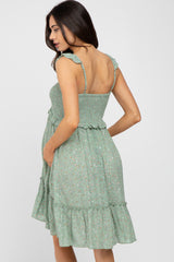 Light Olive Floral Ruffle Accent Smocked Maternity Dress