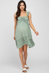 Light Olive Floral Ruffle Accent Smocked Maternity Dress