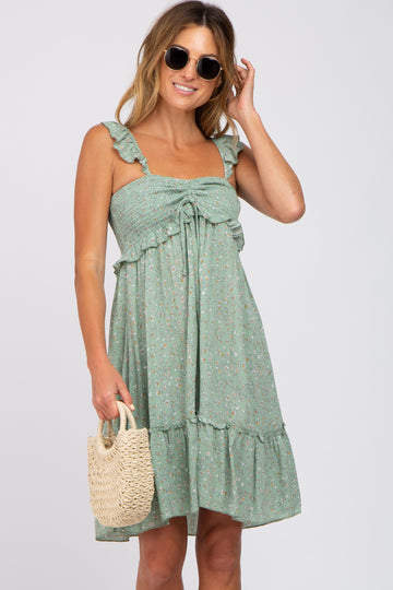 Light Olive Floral Ruffle Accent Smocked Dress