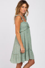 Light Olive Floral Ruffle Accent Smocked Dress