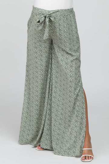 Light Olive Ditsy Floral Side Slit Maternity Pants