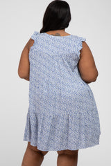 Blue Floral Button Front Tiered Plus Dress