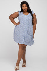 Blue Floral Button Front Tiered Plus Dress