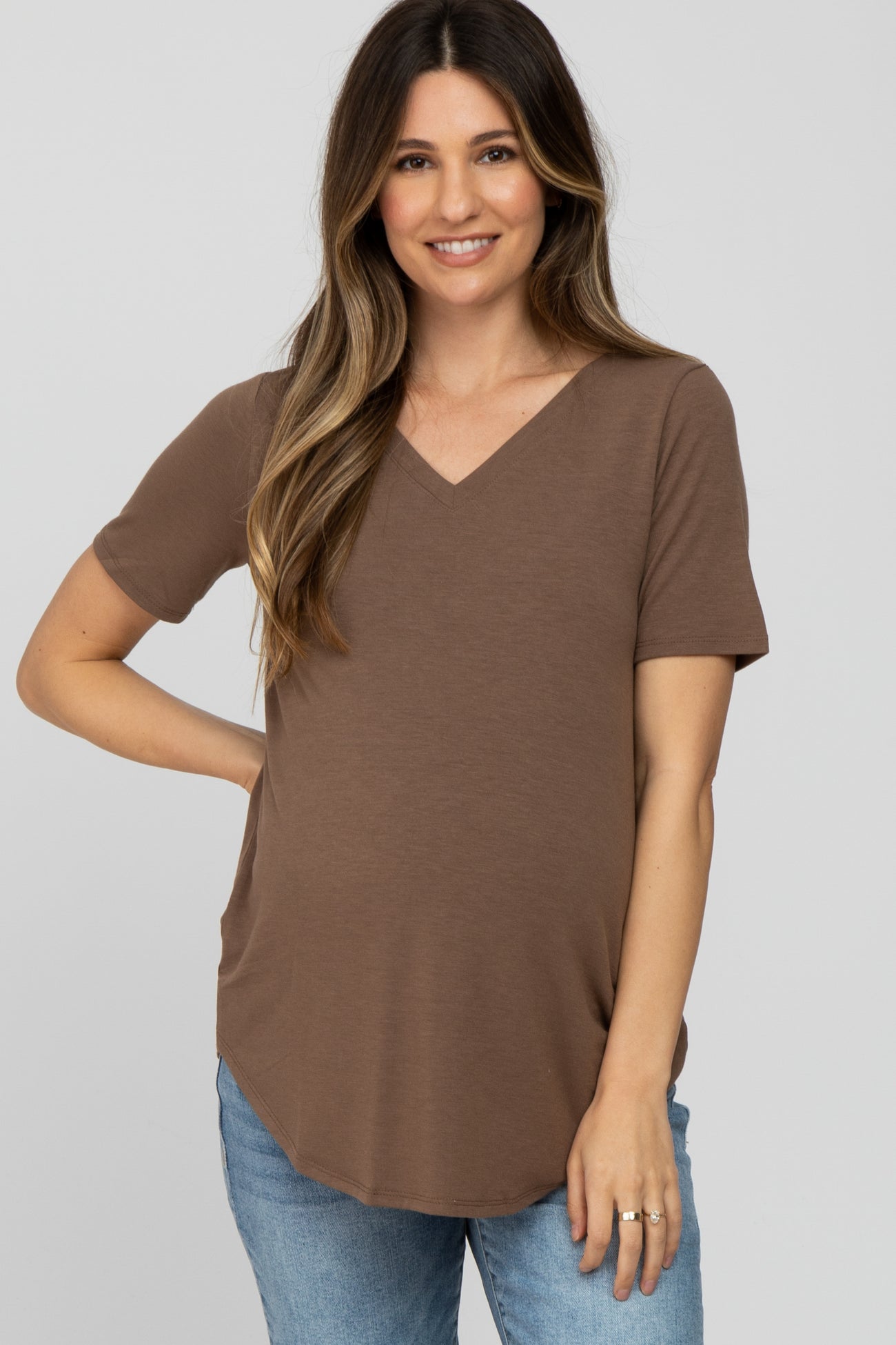 Brown V-Neck Short Sleeve Round Hem Top