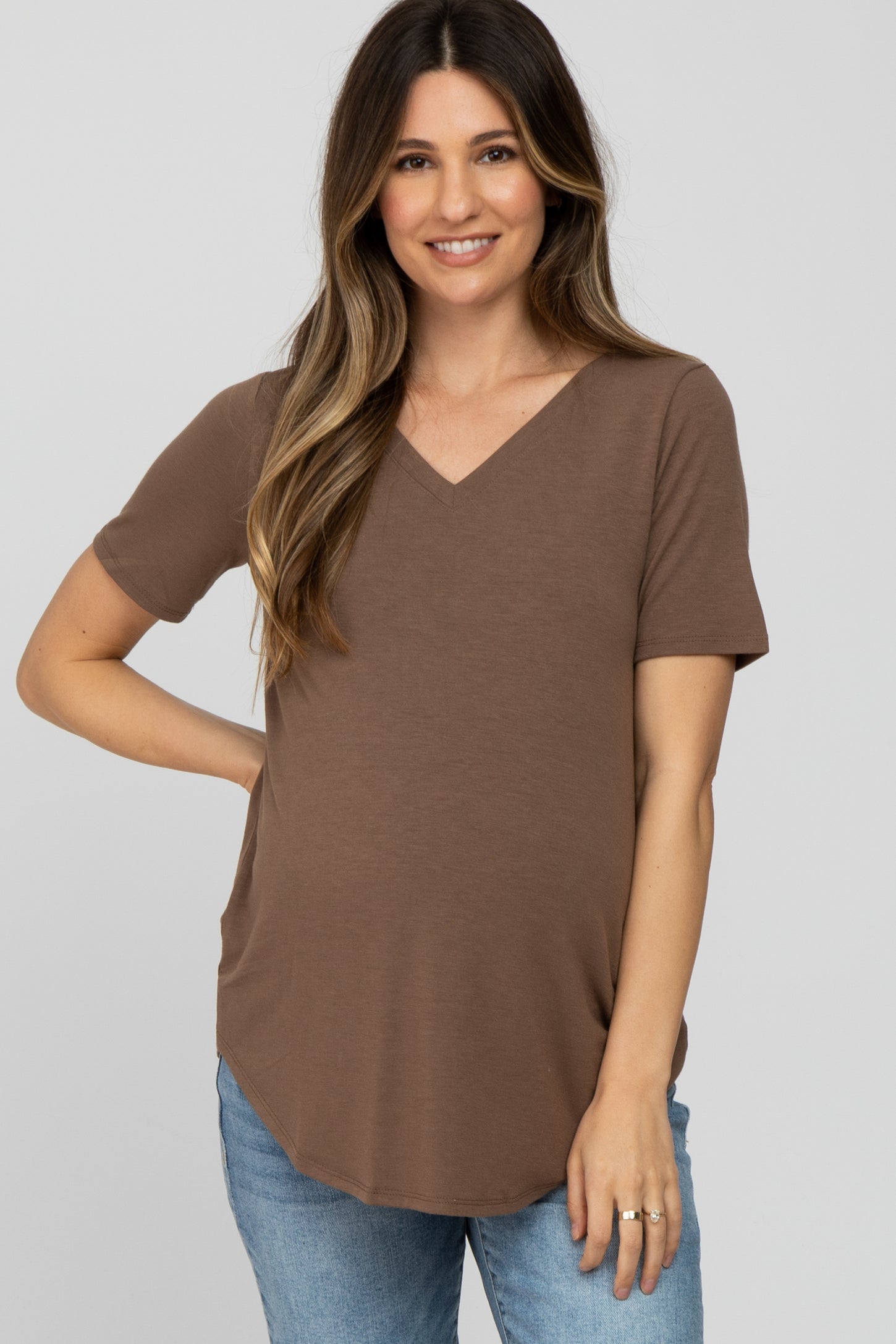 Brown V-Neck Short Sleeve Round Hem Top