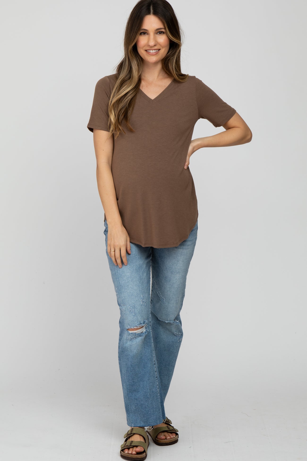 Brown V-Neck Short Sleeve Round Hem Top