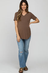 Brown V-Neck Short Sleeve Round Hem Top