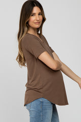 Brown V-Neck Short Sleeve Round Hem Top