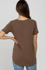 Brown V-Neck Short Sleeve Round Hem Top