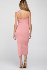 Pink Ribbed Square Neck Side Slit Maternity Midi Dress