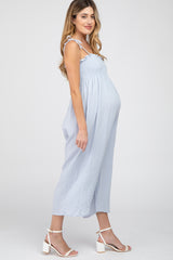 Light Blue Gauze Smocked Tie Strap Maternity Jumpsuit