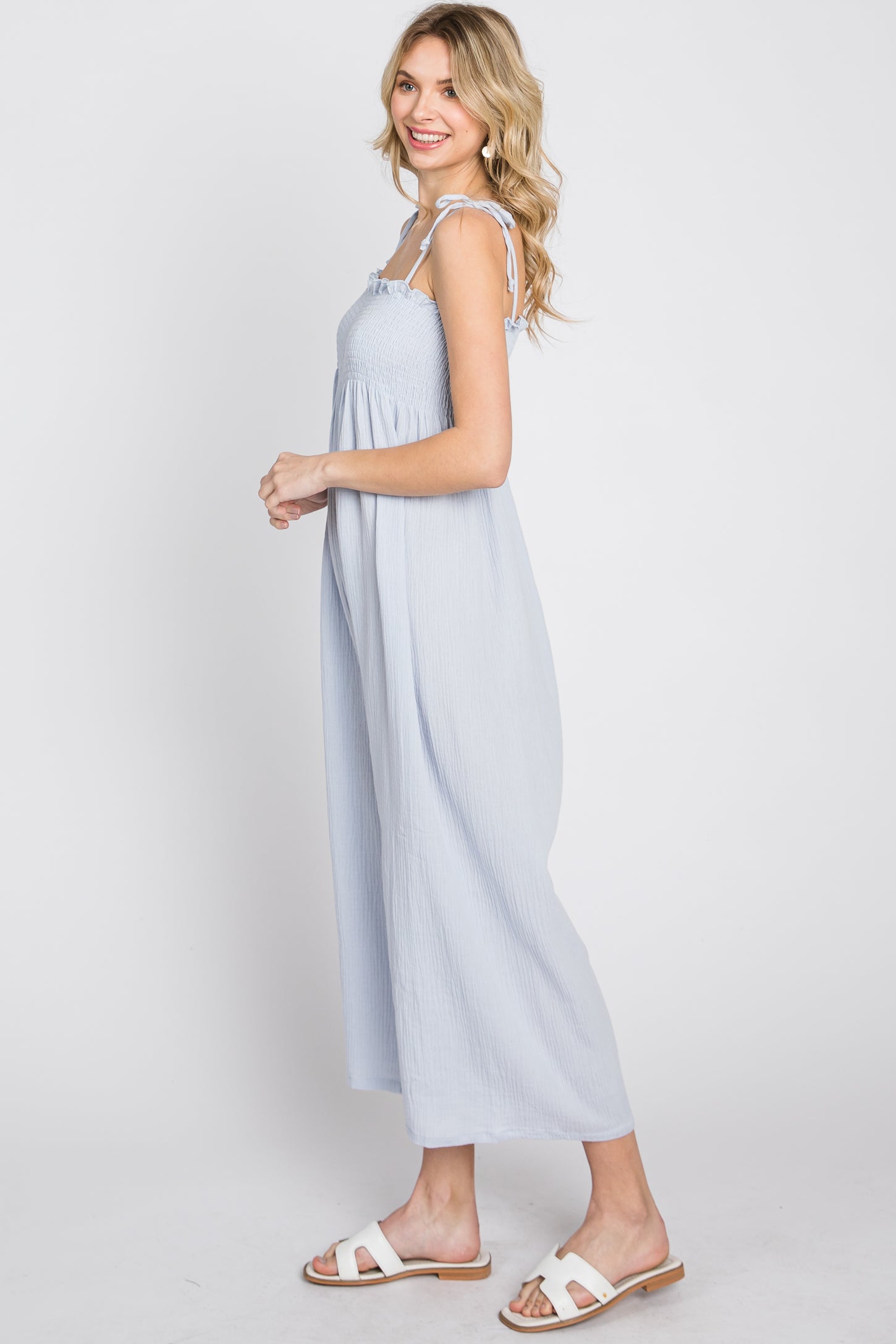 Light Blue Gauze Smocked Tie Strap Jumpsuit
