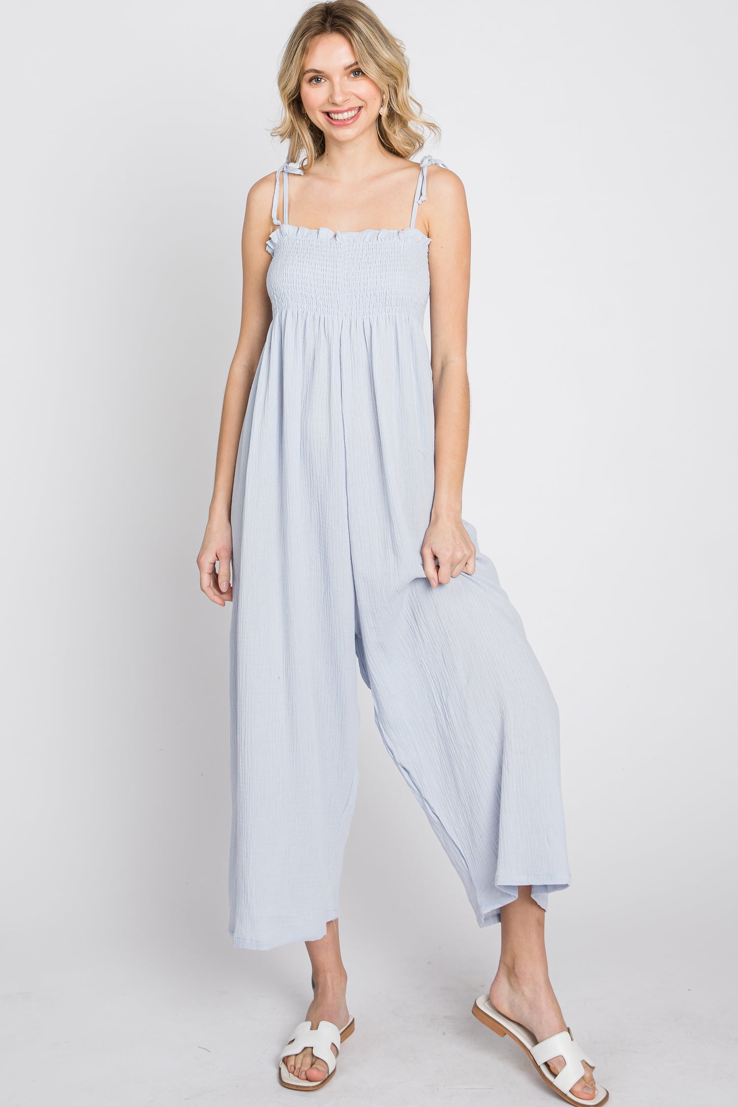 Light Blue Gauze Smocked Tie Strap Jumpsuit