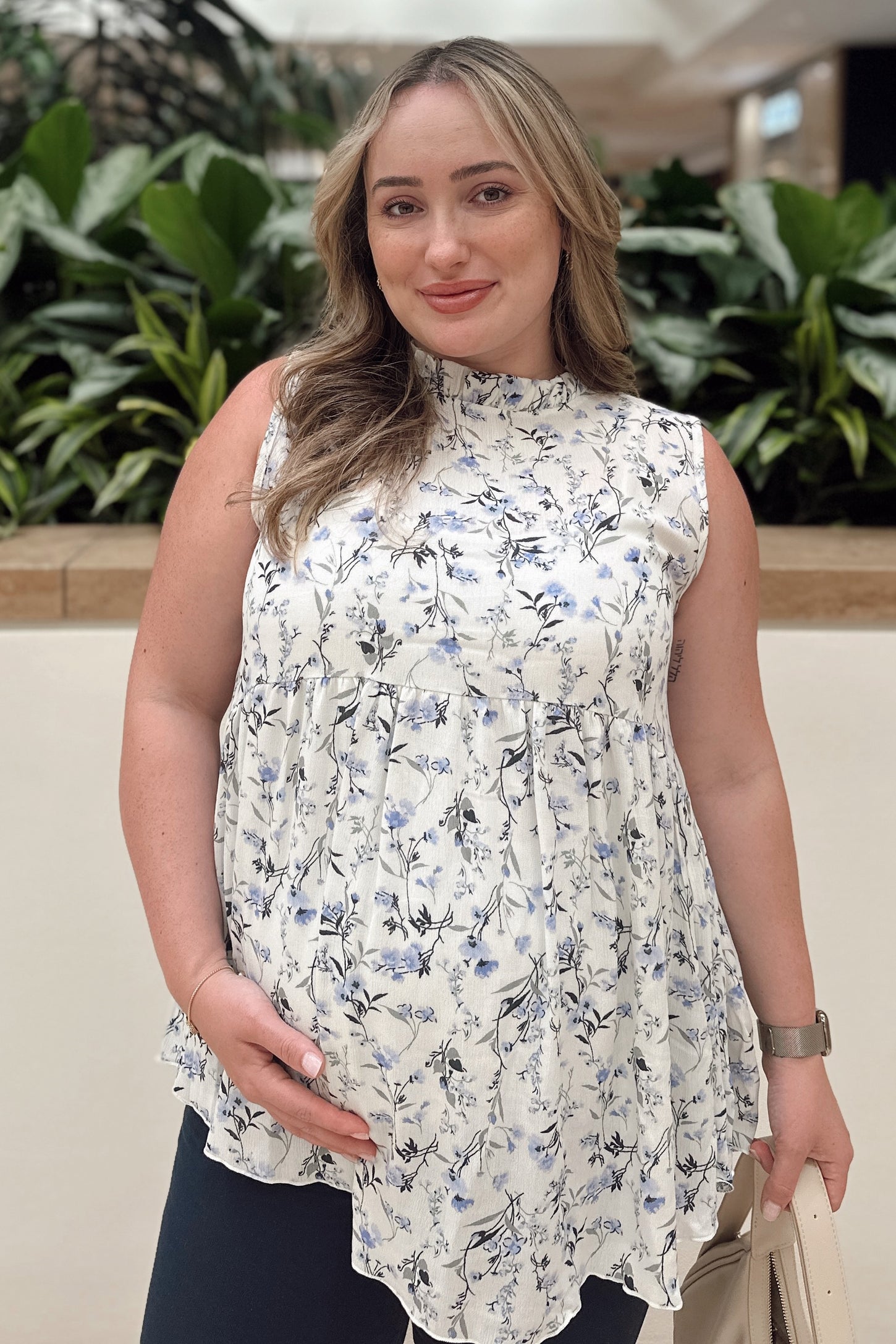 Ivory Floral Sleeveless Babydoll Maternity Top