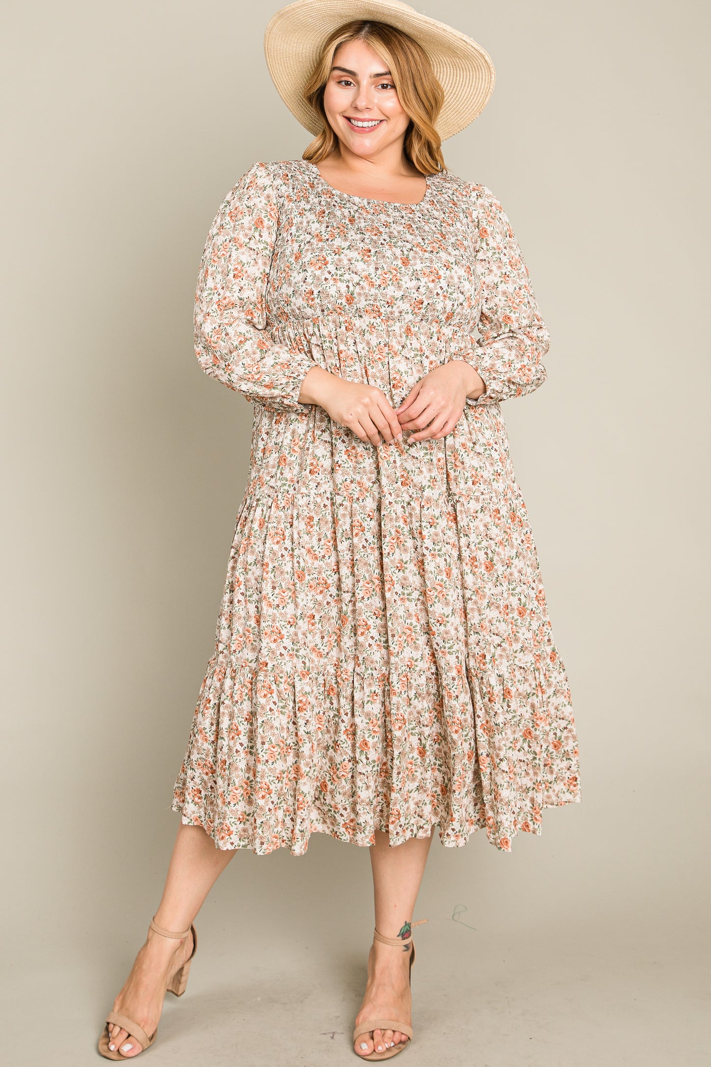 Cream Floral Smocked 3/4 Sleeve Plus Midi Dress