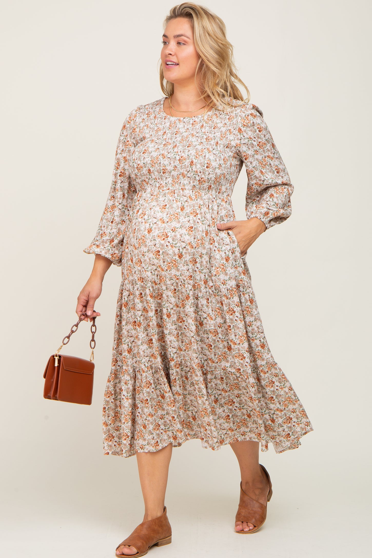 Cream Floral Smocked 3/4 Sleeve Maternity Plus Midi Dress