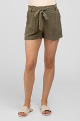 Olive Pinstriped Belted Maternity Shorts