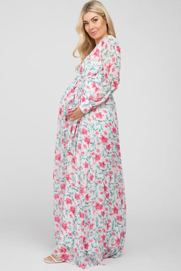 Ivory Floral Chiffon Long Sleeve Pleated Maternity Maxi Dress