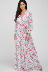 Ivory Floral Chiffon Long Sleeve Pleated Maternity Maxi Dress