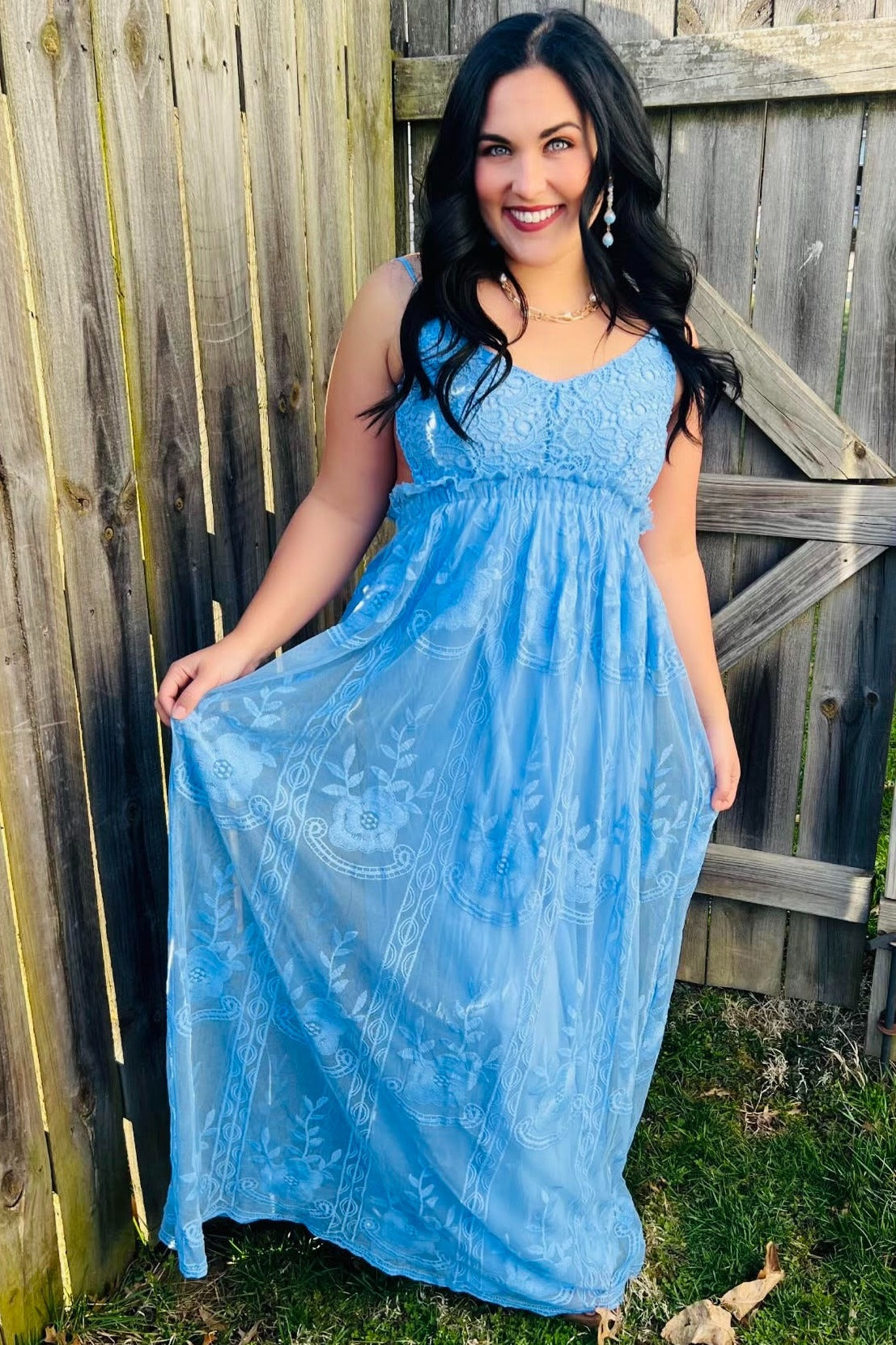 Blue Crochet Lace Open Back Maxi Dress