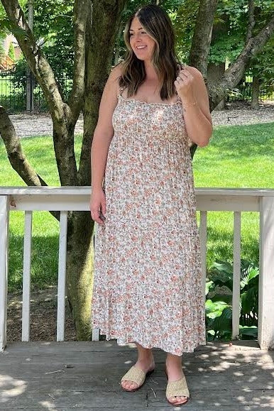 Beige Floral Sleeveless Tiered Maxi Dress