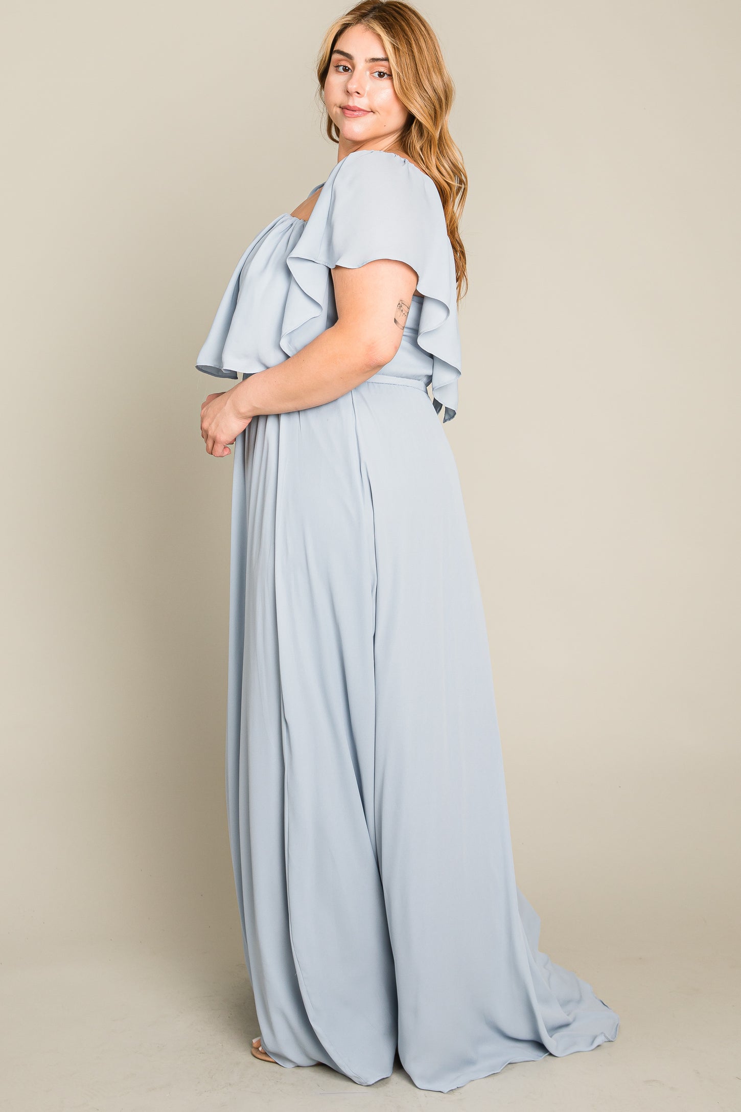 Light Blue Chiffon Off Shoulder Plus Gown