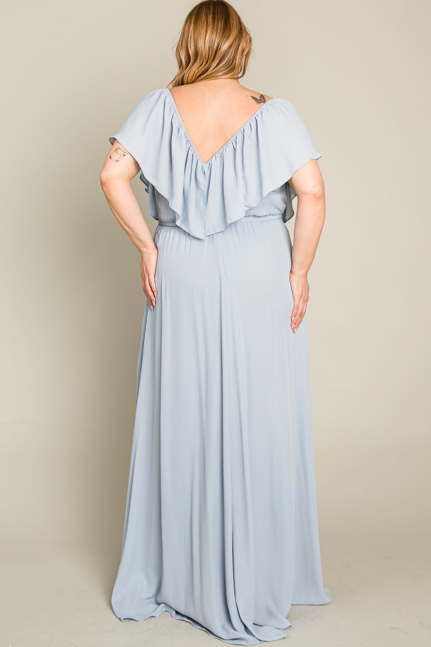 Light Blue Chiffon Off Shoulder Plus Gown