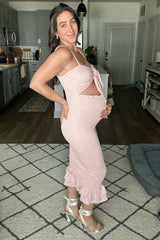 Mauve Gingham Print Smocked Fitted Self-Tie Maternity Midi Dress