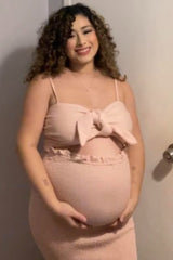 Mauve Gingham Print Smocked Fitted Self-Tie Maternity Midi Dress