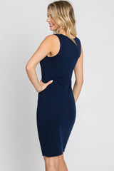 Navy Blue Ribbed V-Neck Dress