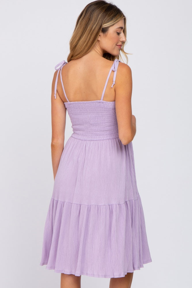 Lavender Smocked Shoulder Tie Maternity Dress