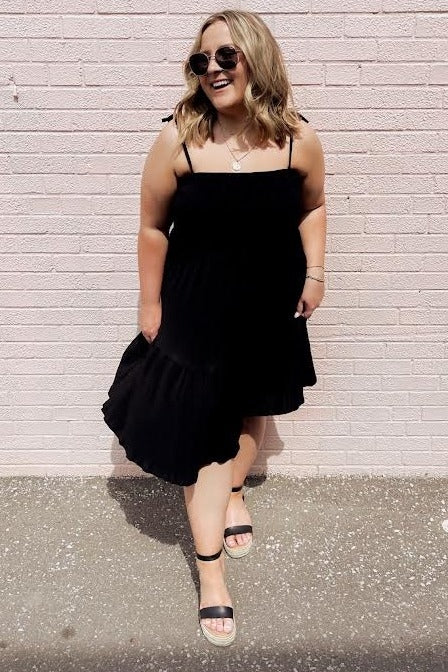 Black Smocked Shoulder Tie Dress