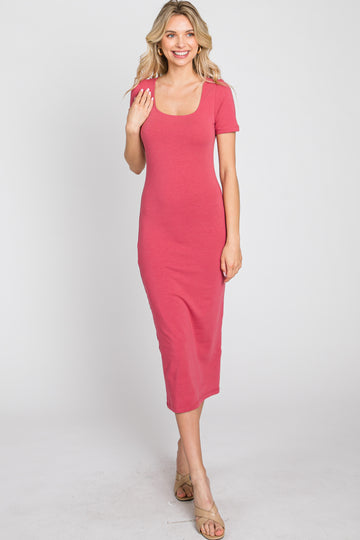 Coral Fitted Midi Dress