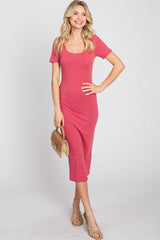 Coral Fitted Midi Dress