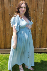 Light Blue Deep V-Neck Button Down Maternity Maxi Dress