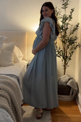 Light Blue Deep V-Neck Button Down Maternity Maxi Dress