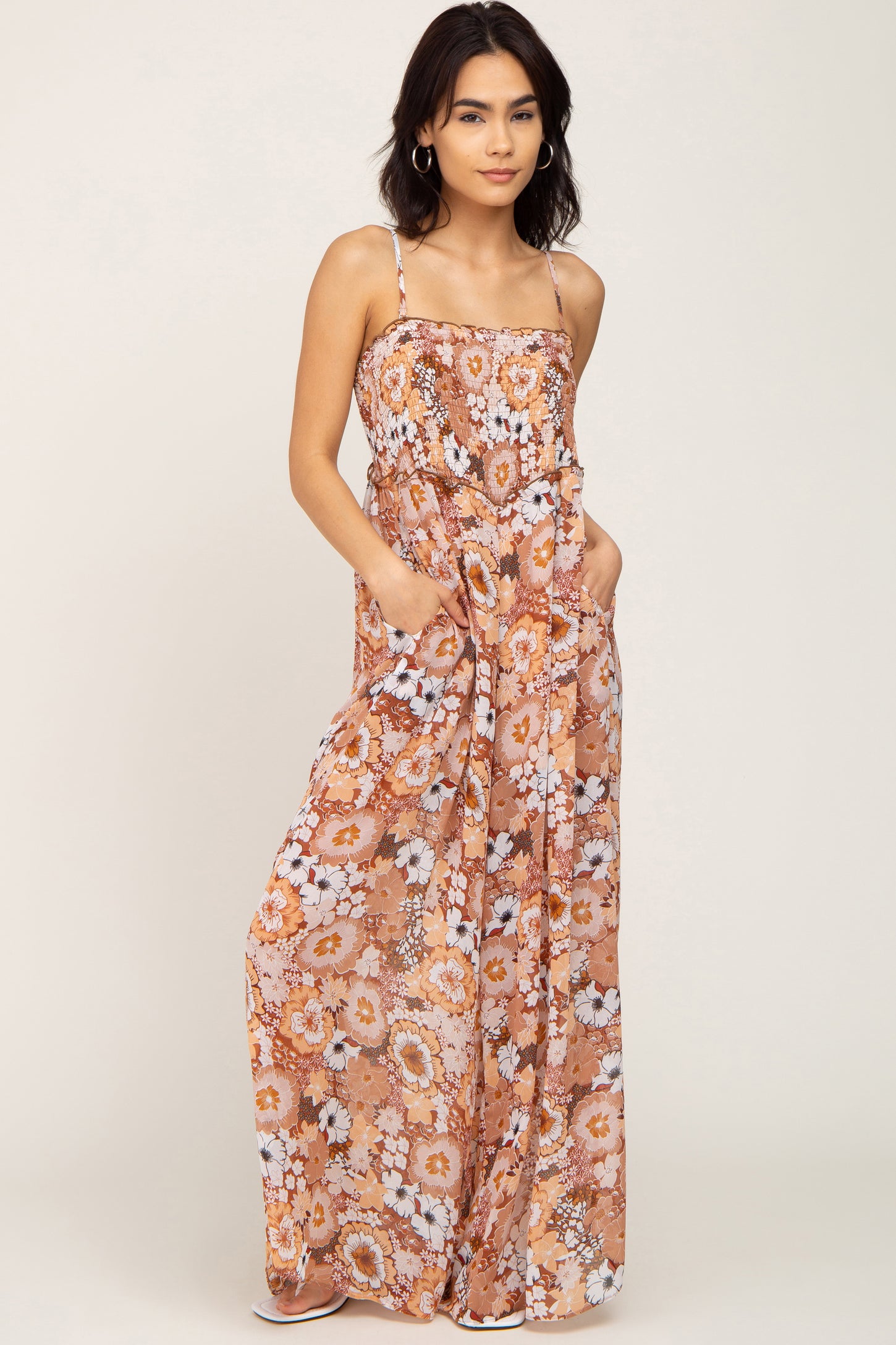 Camel Floral Sleeveless Maternity Jumpsuit