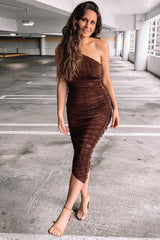 Brown One Shoulder Ruched Midi Dress