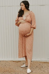 Rust Floral Ruffle V-Neck Maternity Midi Dress